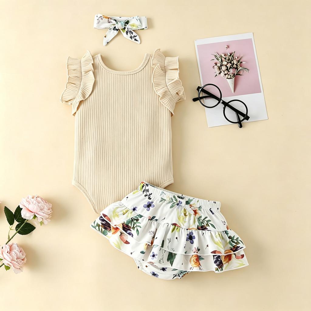 Baby Girls Sleeveless Ruffle Romper Floral Printed Skirt Set with Headband Cotton Soft Fabric Infant Toddler Outfit