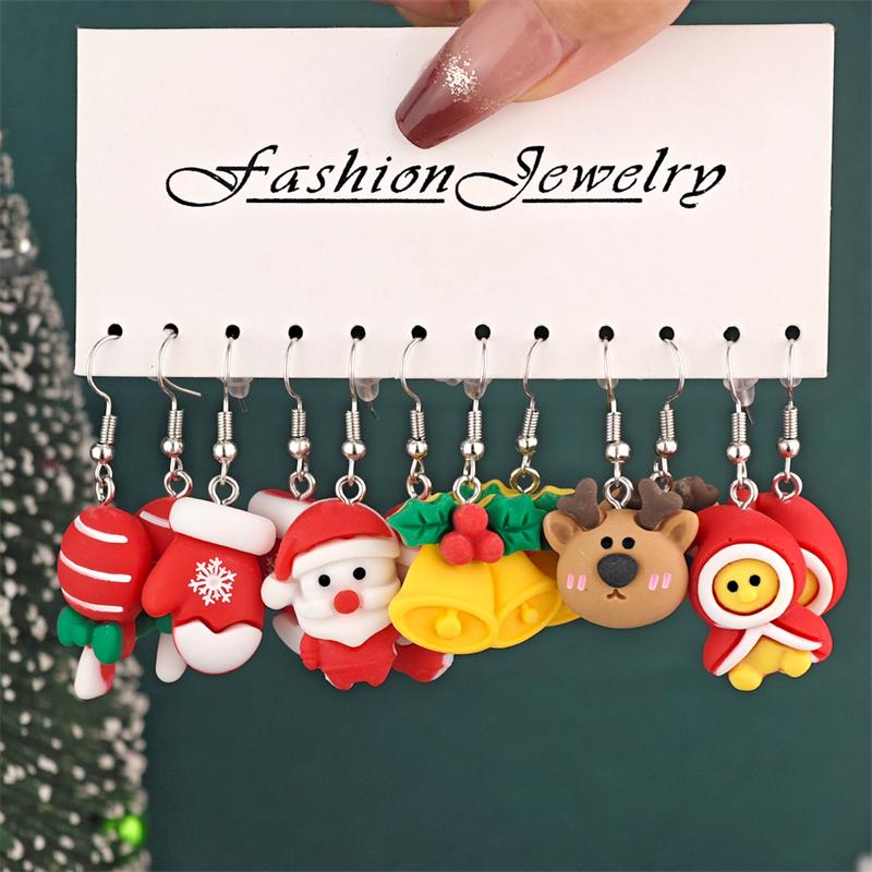 12PCS Sweet Santa Claus Christmas Tree Drop Earrings for Women Cute Cartoon Resin Elk Snowman Drop Earring Party Jewelry Gifts