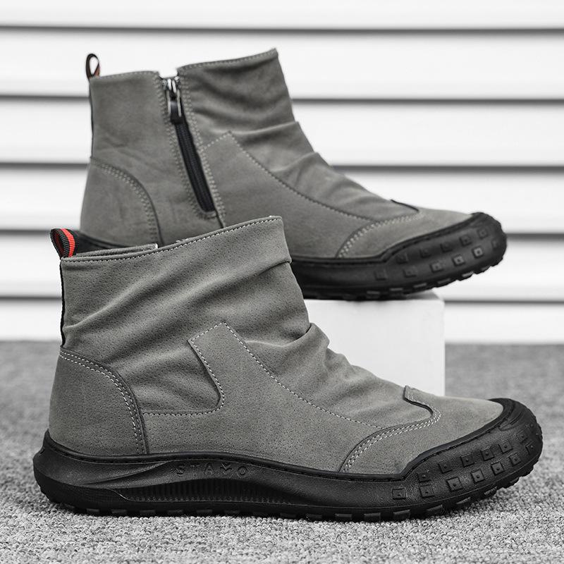 Martin boots autumn new high-top oh i-sided casual trendy shoes black dirt-resistant work shoes non-slip men's leather
