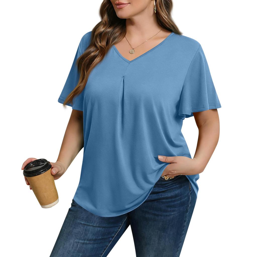 Women's Plus Size Fashionable Casual Loose-Fit Short Sleeve Elegant V Neck Blouse For Work