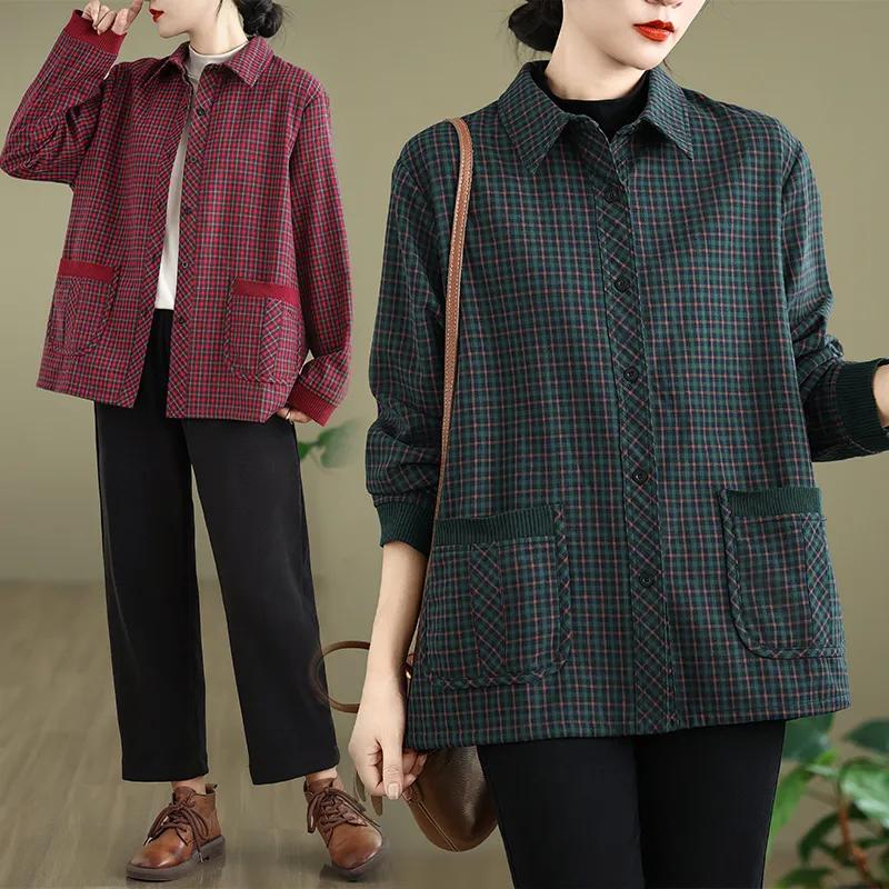 

Women s Autumn Fashion Plaid Shirt Plus Velvet Loose Thin Jacket XXL червоний