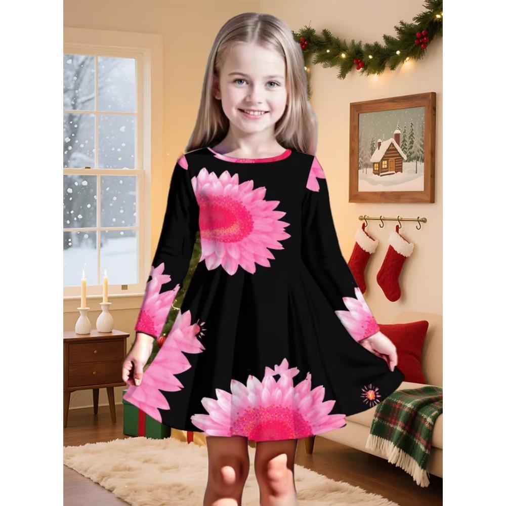 Girls' 3D Tropical Leaf Dress Long Sleeve Summer Spring Vacation Daily Holiday Princess Beautiful Sweet Kids 4-12 Years Casual Dress A Line Dress