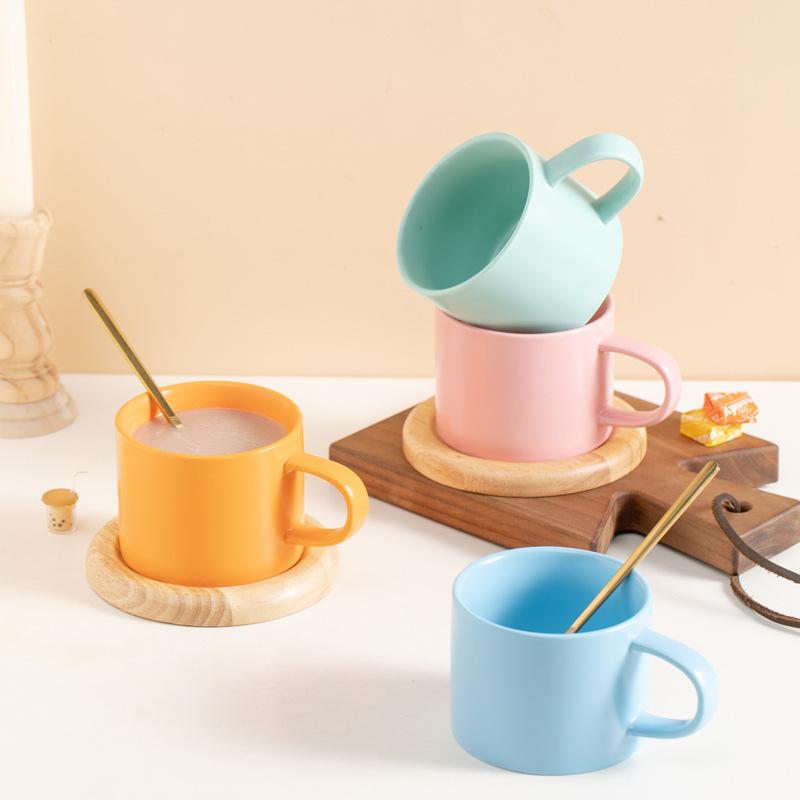 Candy Macaron Ceramic Cup, Water Cup, Coffee Cup With Oak Coaster Spoon.