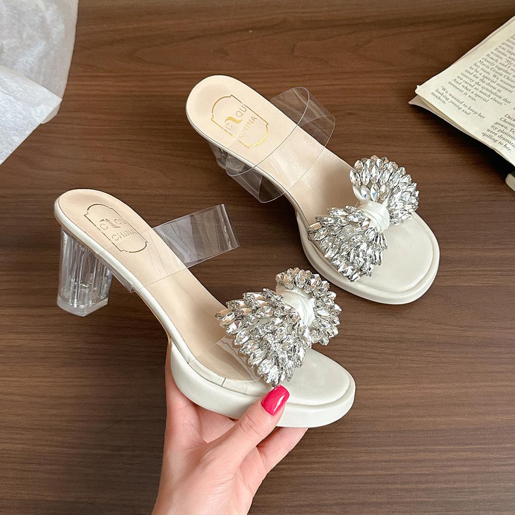 2025 summer new transparent square head bow high-heeled slippers women's rhinestone open-toed stiletto sandals with skirt