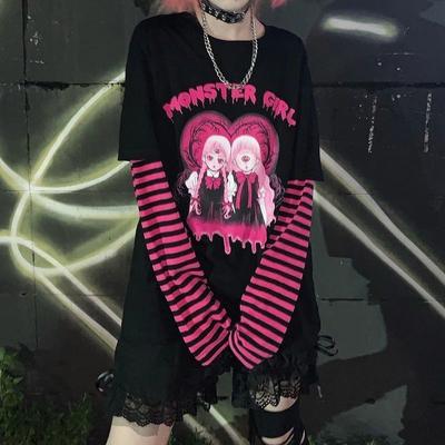 Camiseta Y2K para mujer, con estampado de cómics de terror japoneses, gemelos, camiseta de manga larga a rayas, camiseta falsa de 2 piezas, ropa de calle de hip hop