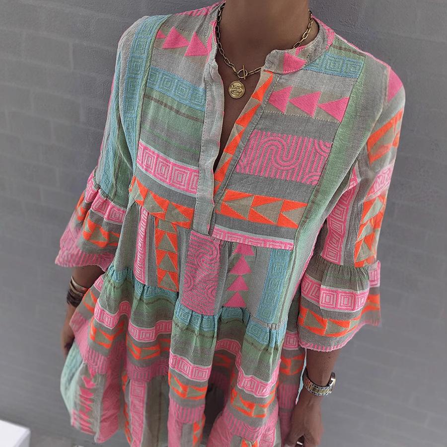 2023 European & American Autumn V-Neck Print Dress - Women's Three-Quarter Sleeve