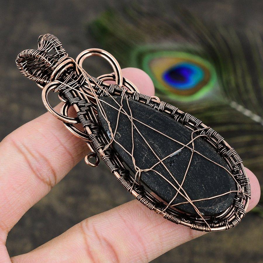 Black Spinel Gemstone Copper Wire Wrap Jewelry Pendant 3.43