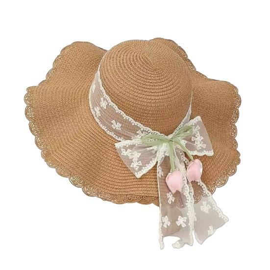 Sun Hat Large Wavy Brim Breathable Summer Straw Hat with Lace Bow Tulip Decor Foldable Portable Travel Hat