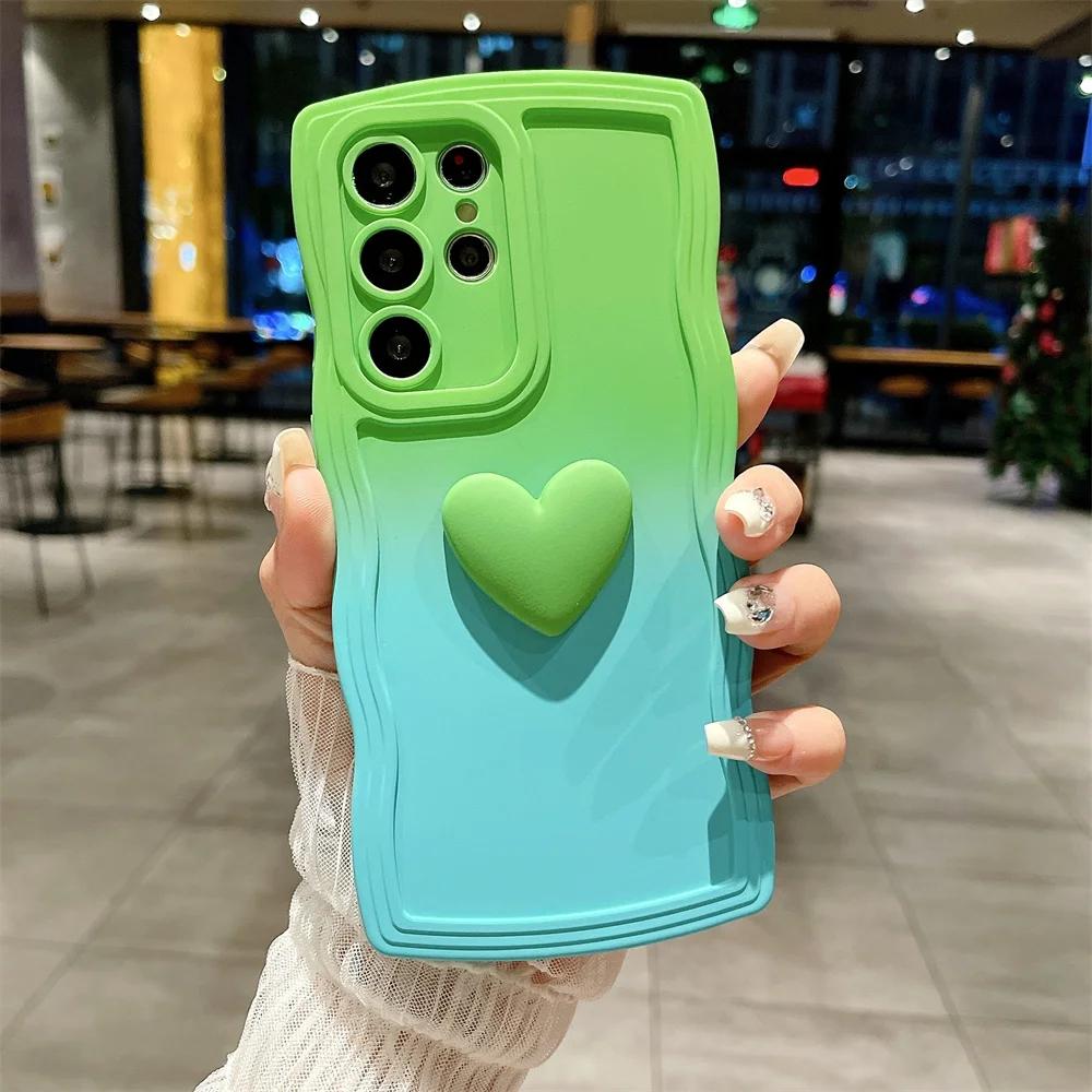 Fashion 3D Love Heart Gradient Case For iPhone 15 Pro Max 14 Plus 13 12 11 Pro X XS XR XS Max 7P 8Plus SE 2020 Curly Wave Soft TPU Cover