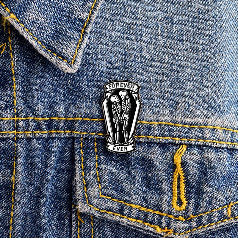 Black Skull Coffin Forever Enamel Pin for Couples - Denim Jacket Accessory