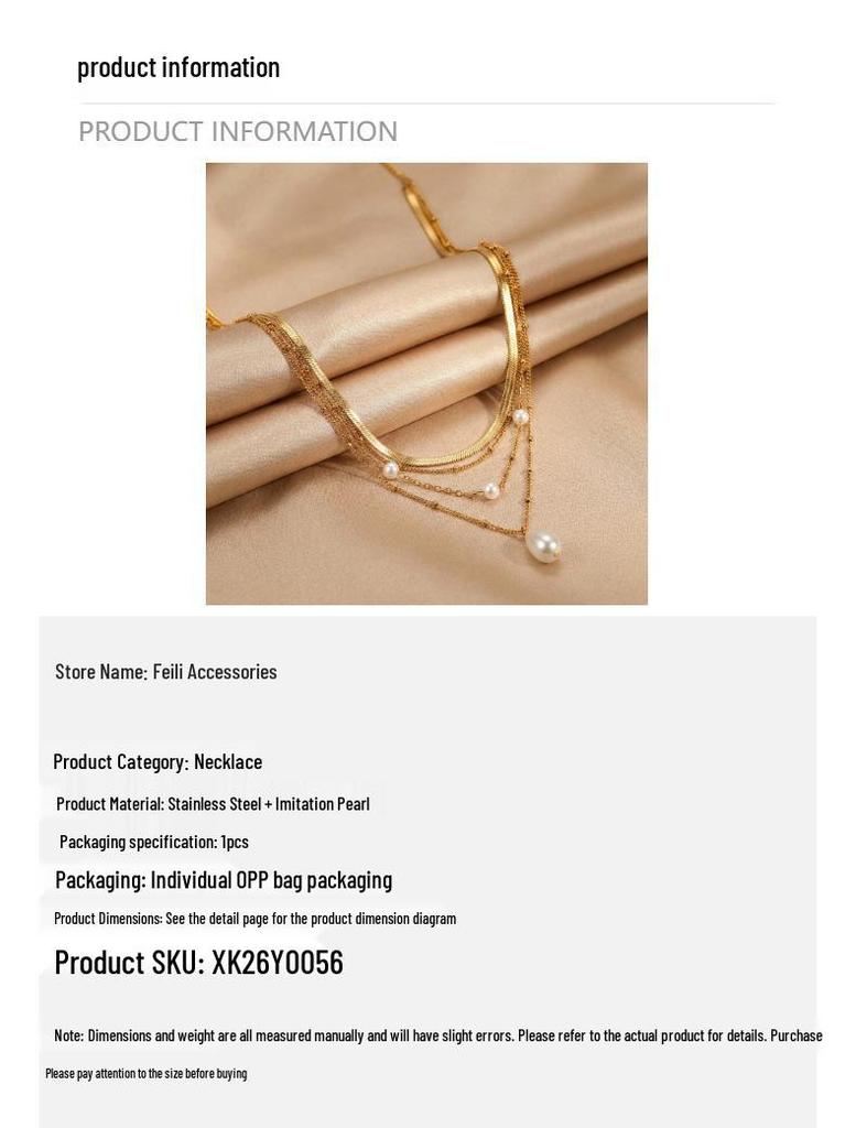 Shein Multilayer Snake Chain Pearl Pendant Necklace - French Style Accessories, Vacuum Electroplated, In Stock