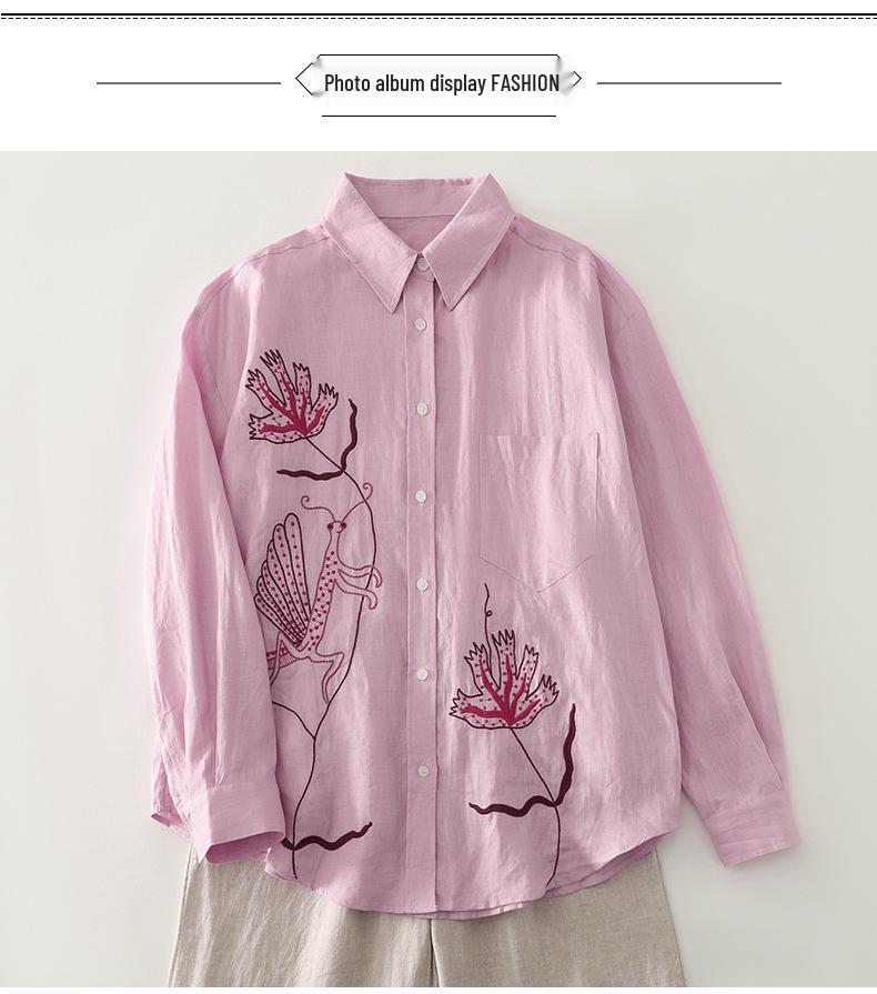 Spring Luxury French Chic Pink Embroidered Long-Sleeve Women's Shirt