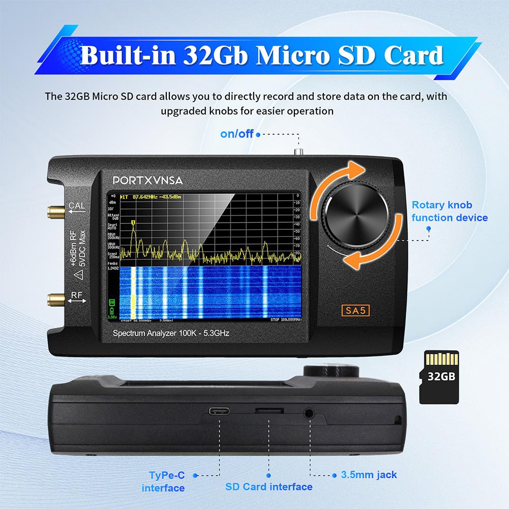 4 Inch IPS LCD SA5 Multi Functional Handheld Spectrum Analyzer 100k-5.3GHz 2-in-1 Signal Generator Built In 5000mAh Link To PC