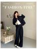 Women's Plus Size Spring & Autumn Denim Suit: Round Neck Jacket & Wide Leg Pants - Unique Two-Piece Set for Young Mothers.