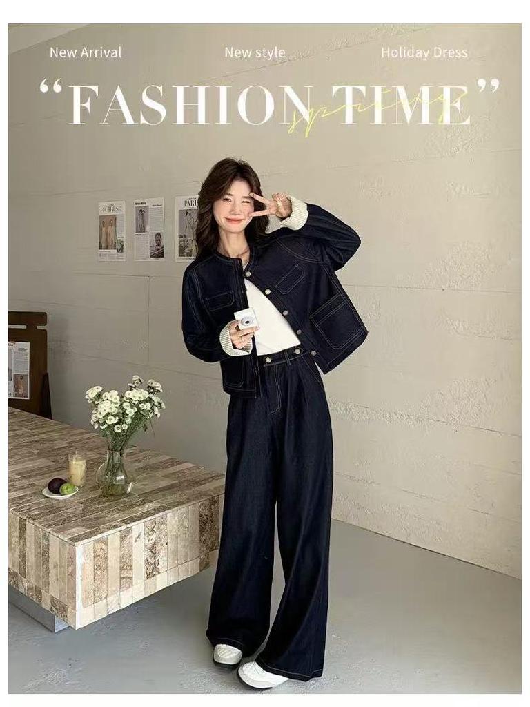 Women's Plus Size Spring & Autumn Denim Suit: Round Neck Jacket & Wide Leg Pants - Unique Two-Piece Set for Young Mothers.