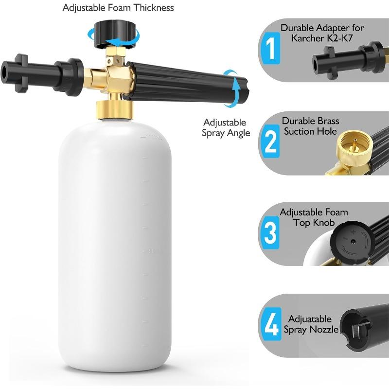 Series K2 K3 K7 Pressure Washer, 1L Adjustable Foam Cannon Gun High Pressure Soap Dispenser Bottle Spray Nozzle for Car Washing Vehicle Cleaning