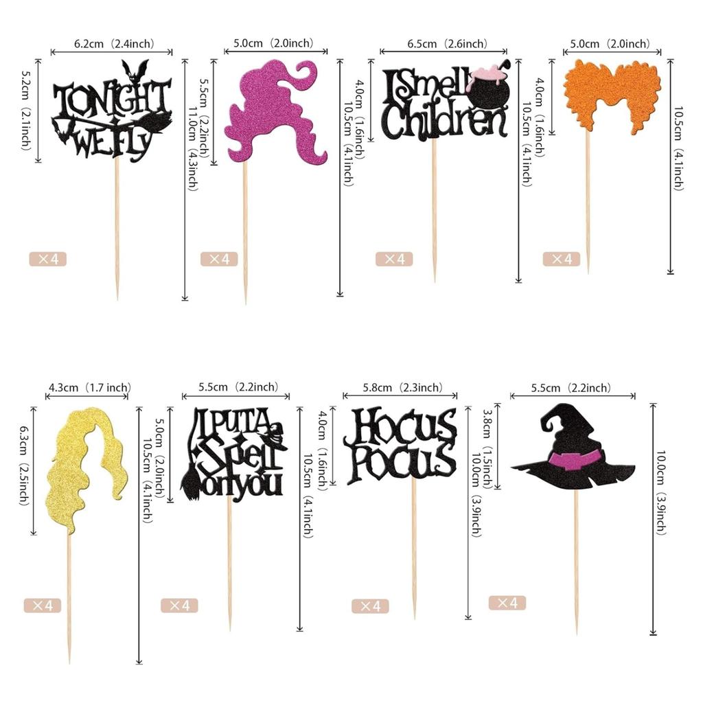 Glitter Witch Hair Hat Halloween Cupcake Toppers Cake Decorations for Hocus Pocus Theme Birthday Party Cake Decorations