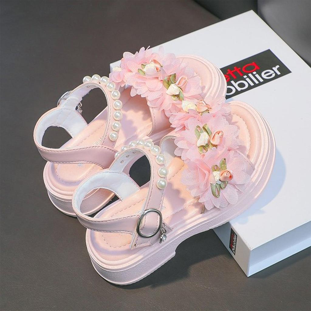 Girls Soft Sole Sandals Adjustable Buckle Strap Flower Decoration Princess Style Lightweight Toddler Summer Footwear