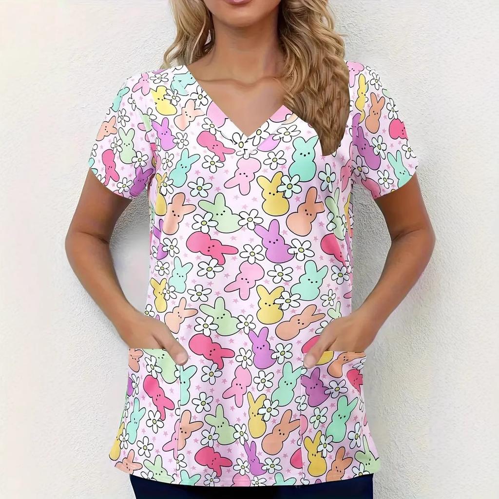 Romantic Pink Butterfly 3D Digital Print Women's Pocket V-neck Pullover Short Sleeved T-shirt Hospital Protective Apparel