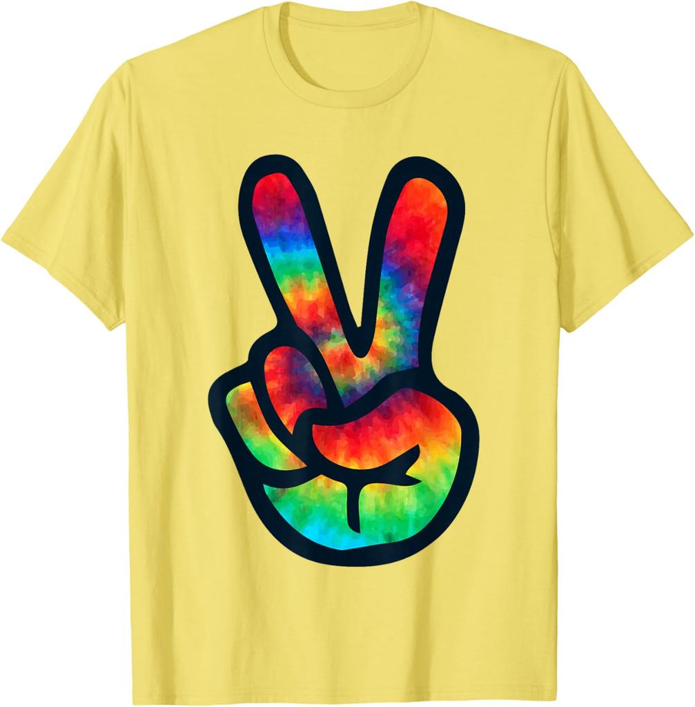 Tie Dye Peace Sign Hippie V Hand Graphic Short Sleeve Cotton Crew Neck TShirt
