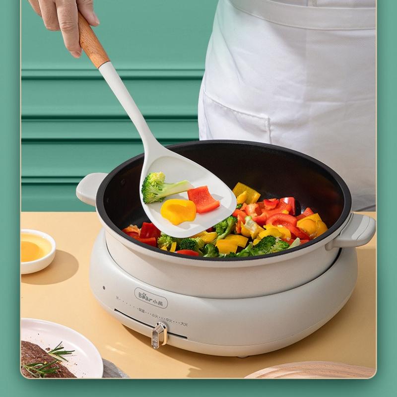 Large Beech Wood Handle Silicone Kitchen Utensils: Silicone Spatula, Spoon, and Stir-Fry Spatula Set for Non-Stick Pans