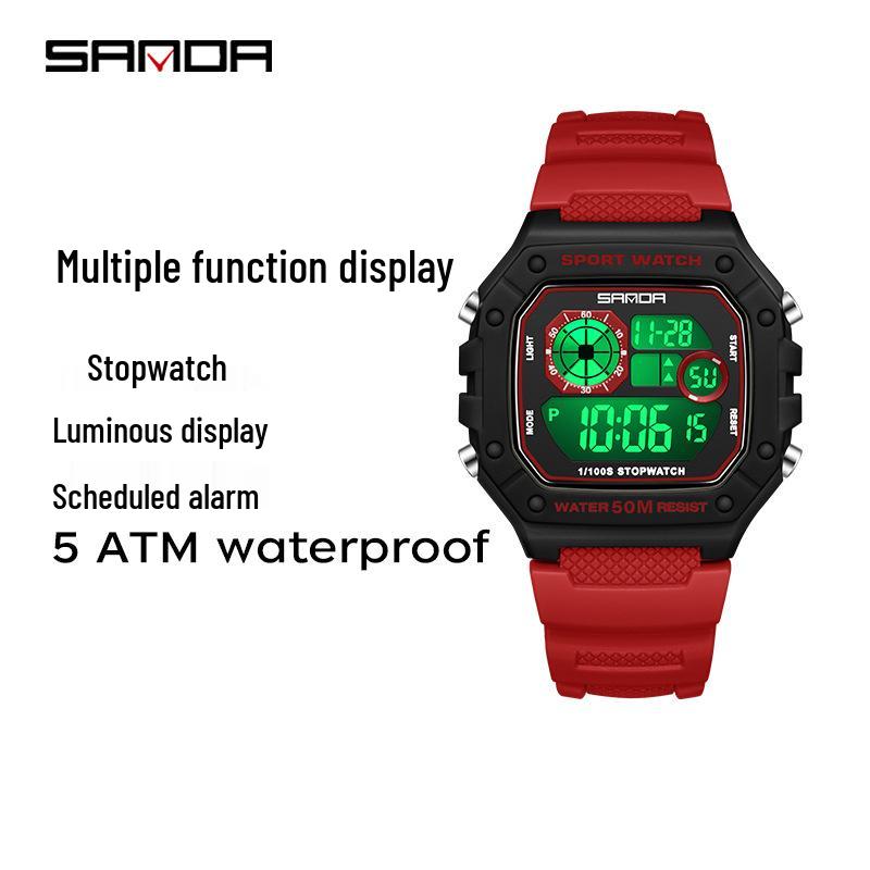 Sanda Teen & Men Multifunctional Waterproof Fashion Square Alarm Clock Watch