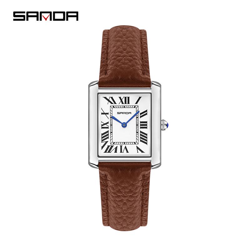 Montre à Quartz pour Femme Sanda, Petit Cadran, Chiffres Romains, Mode Étanche Rectangulaire, Design Couple.
