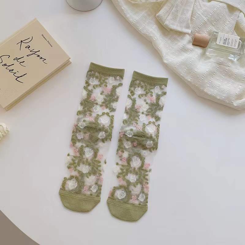 New Women Ladies Sock Fashion Sheer Mesh Glass Silk Socks Ultrathin Transparent Crystal Lace Fabulous Elastic Summer Flower Sock