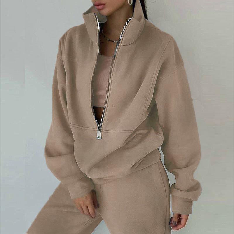 Women's European and American spring new half-zipper stand-up collar sweatshirt sweatpants sporty style set