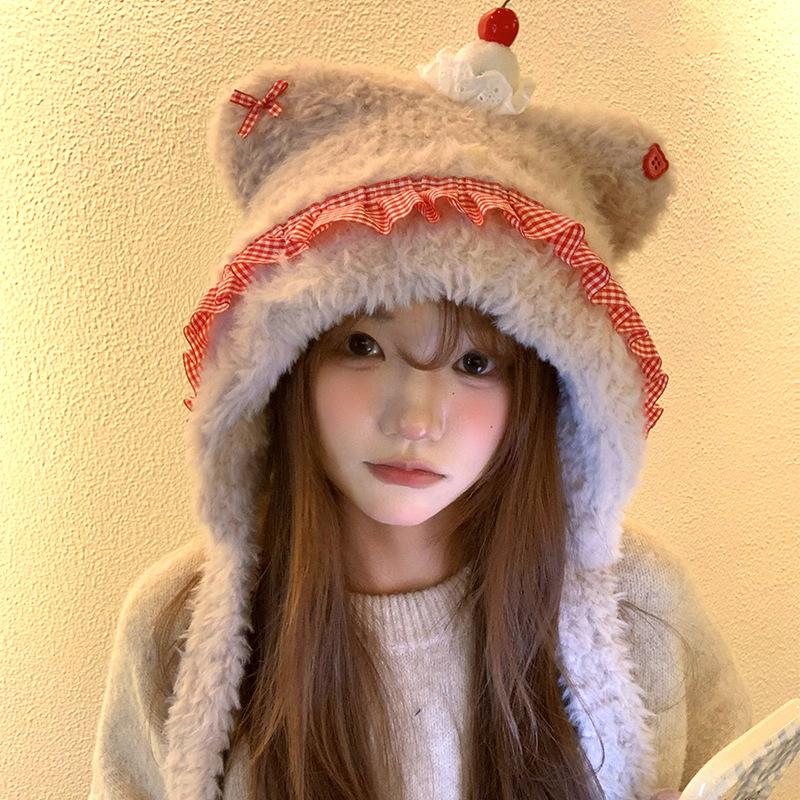 Cute Cherry Bear Plush Hat Women's Winter Thickened Warm Baotou Ear Protector Hairy Riding Lei Feng Hat