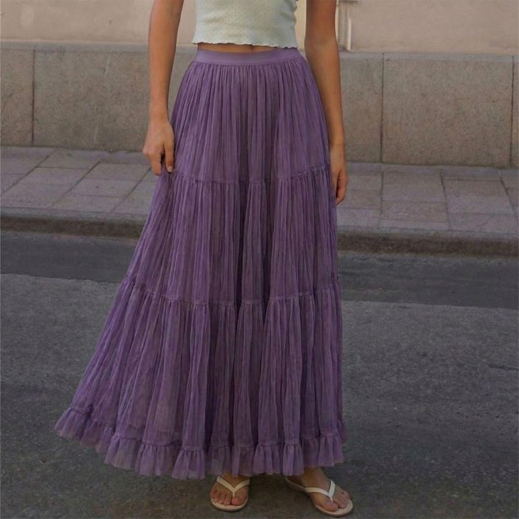 Women’s Fashion Solid Ruched Mesh Tiered Maxi Skirt High Waist Flared Hem Long A Line Skirt Lightweight Layered Design
