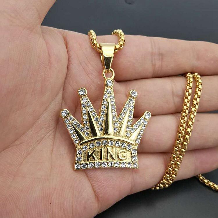 Full AAA Iced Out Bling Cubic Zircon Crown  Cubic Zircon Stainless Steel Necklaces & Pendants for Men Jewelry