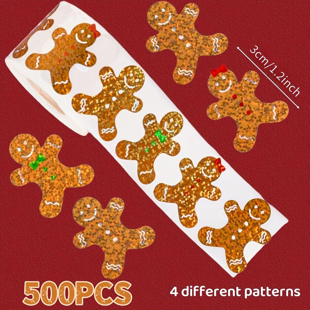 500pcs Christmas Glittery Golden & Gingerbread for Man Stickers Roll | For Gift Wrapping, Cards, Envelopes & Party Decorations