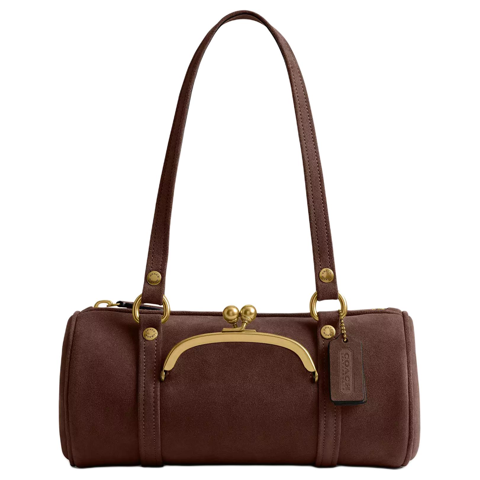 

COACH Kisslock Barrel 28 Exterior Kiss Lock Pocket Zipper Closure Suede Leather And Soft Grain Leather Cylinder Handbag Women handbags CEM07-B4Z5D Basic Set (Bag+Dust Bag)
