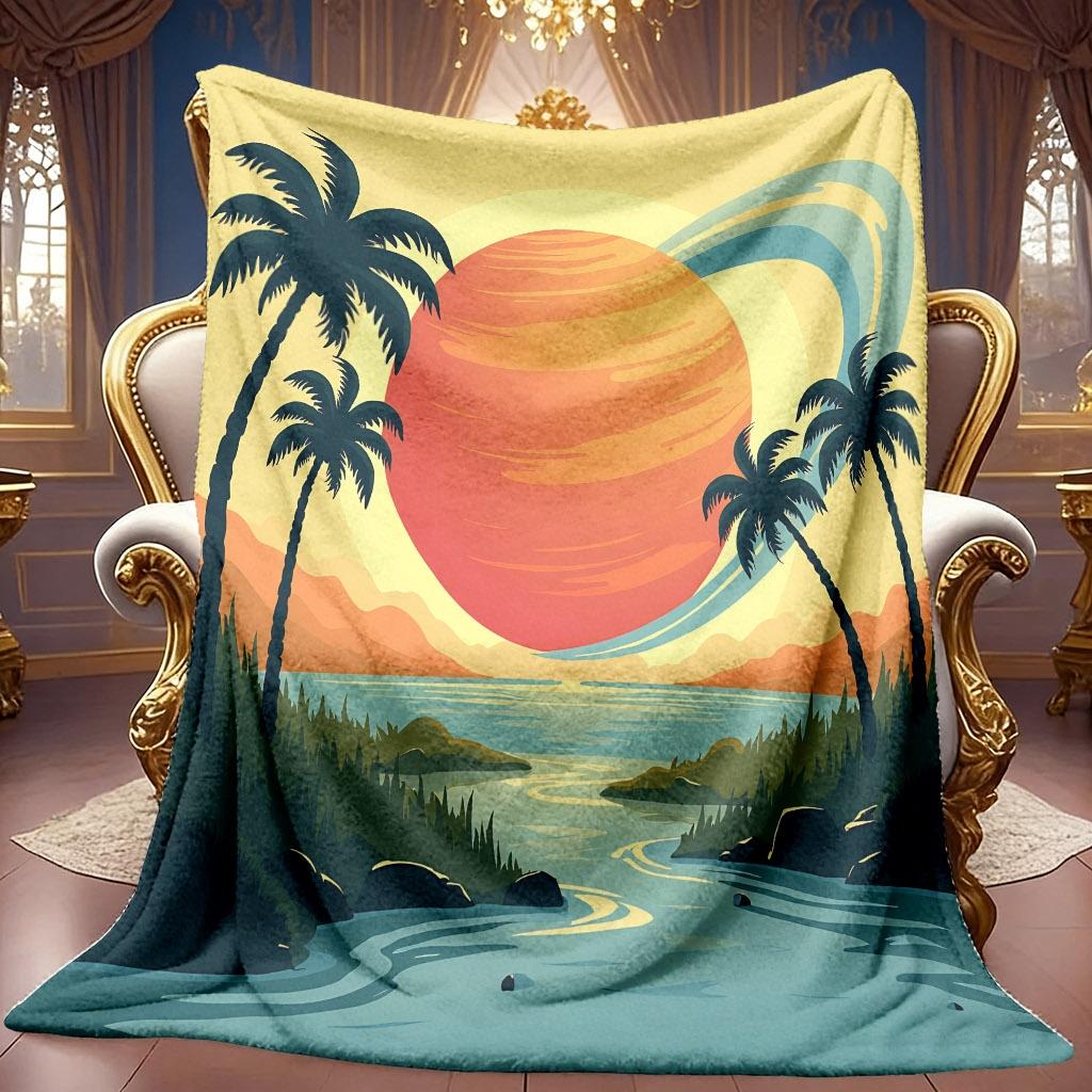 1pc 2D Beach Sunset Palm Tree Theme Pattern Flannel Blanket, Soft HD Digital Print Cooling Blanket All Year Round! Soft And Breathable 100% Polyester
