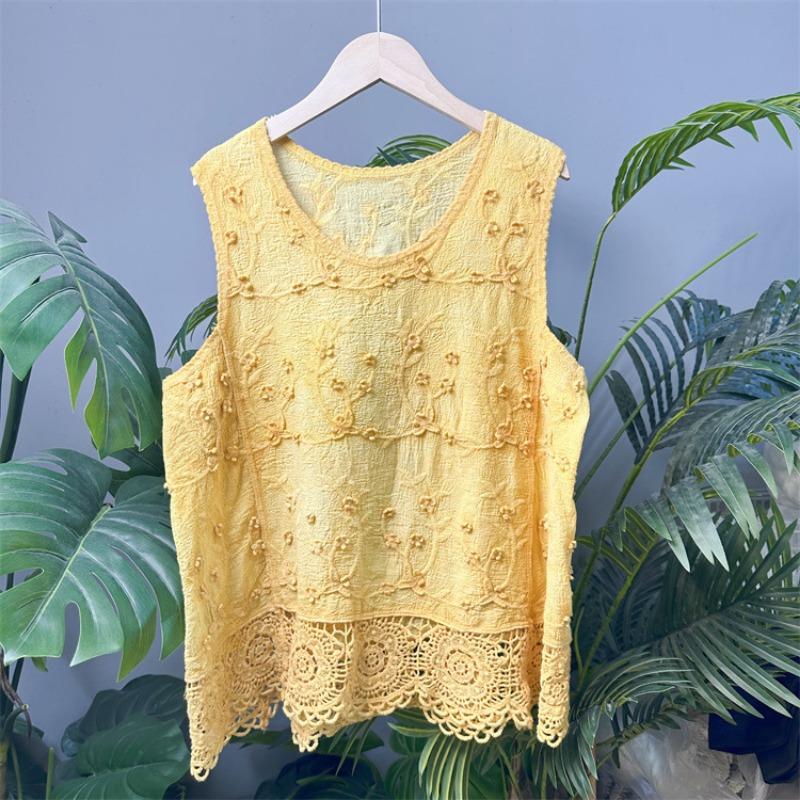 Embroidery, Embroidery, Cotton Embroidered Vest Top Women's Crew Neck Pullover Hollow Knitted Lace Sleeveless Bottom Solid Color T-Shirt