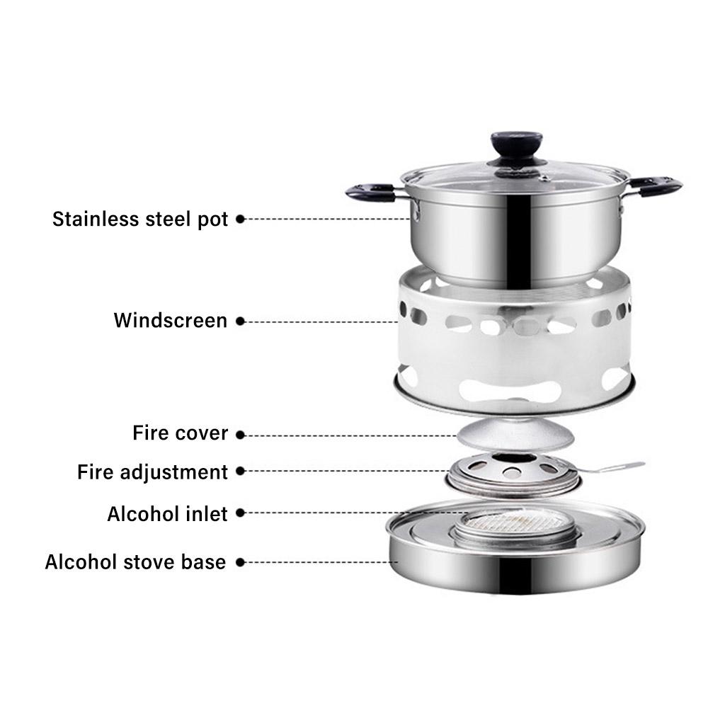 Outdoors Stainless Steel Alcohol Stove with Pot Portable Burner Rustproof Anti-corrosion Cooking