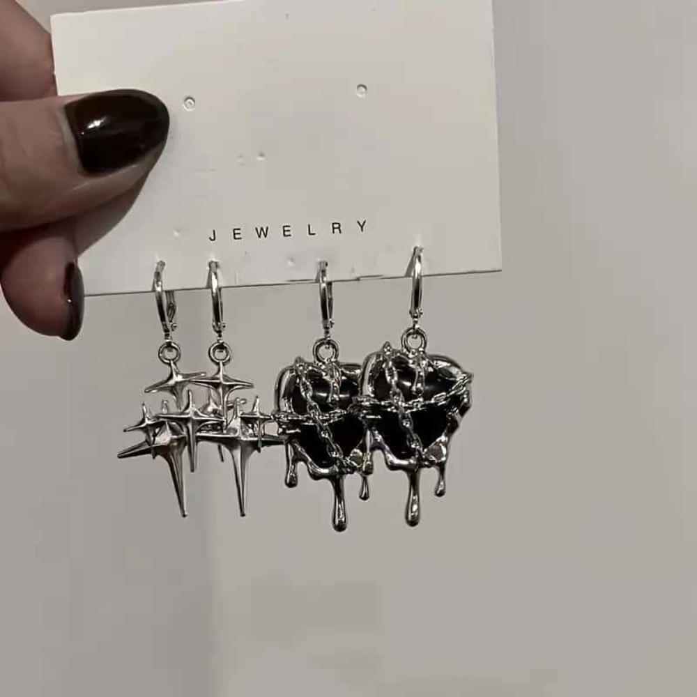 Y2K Gothic Silver Color Liquid Metal Thorny Heart-shaped Star-shaped Pendant Dangle Earrings for Women Hip-hop Punk Jewelry Gift