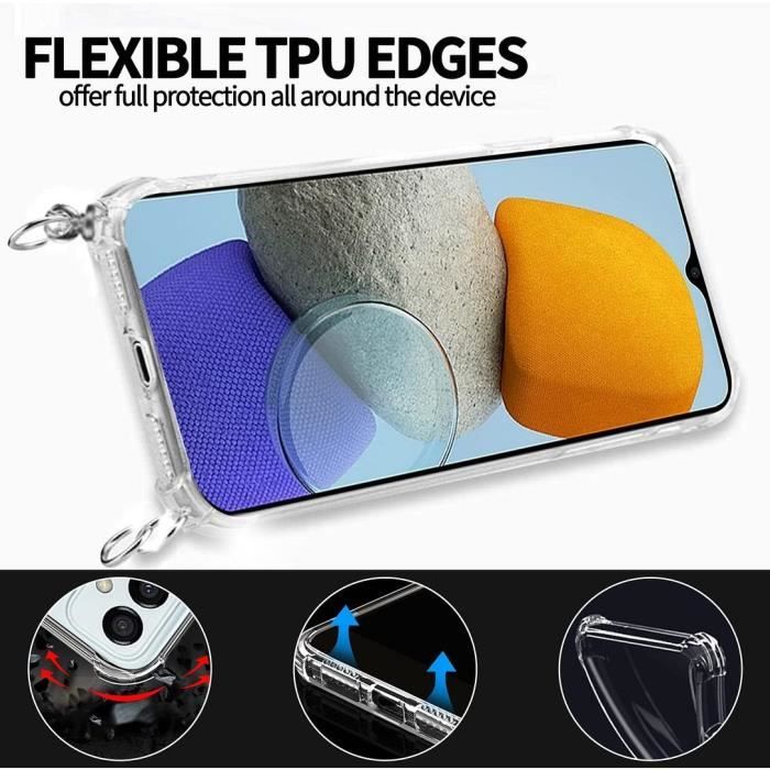 Coque de protection - Samsung - Galaxy M13 - Transparent - Souple - Antichoc avec bandoulière rouge