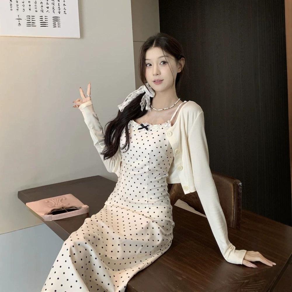 Fresh and sweet polka dot bow wear suspender dress women's summer new sunscreen clothes cardigan two-piece set