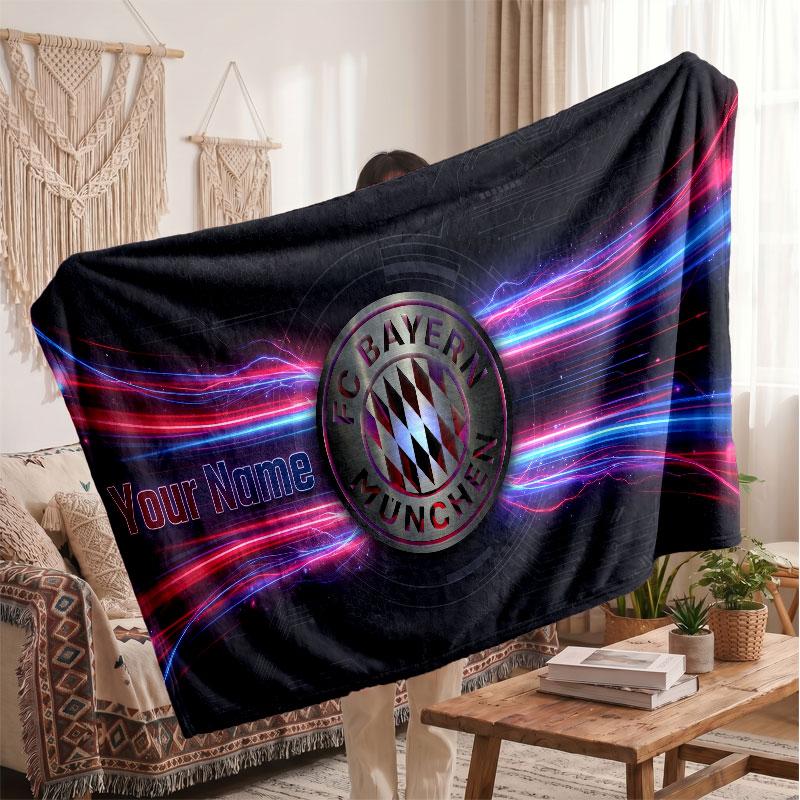 Personalisierte Fleece-Decke FC Bayern München Mit Fußball-Logo, Individueller Name Text Weich Warm Home Überwurfdecke