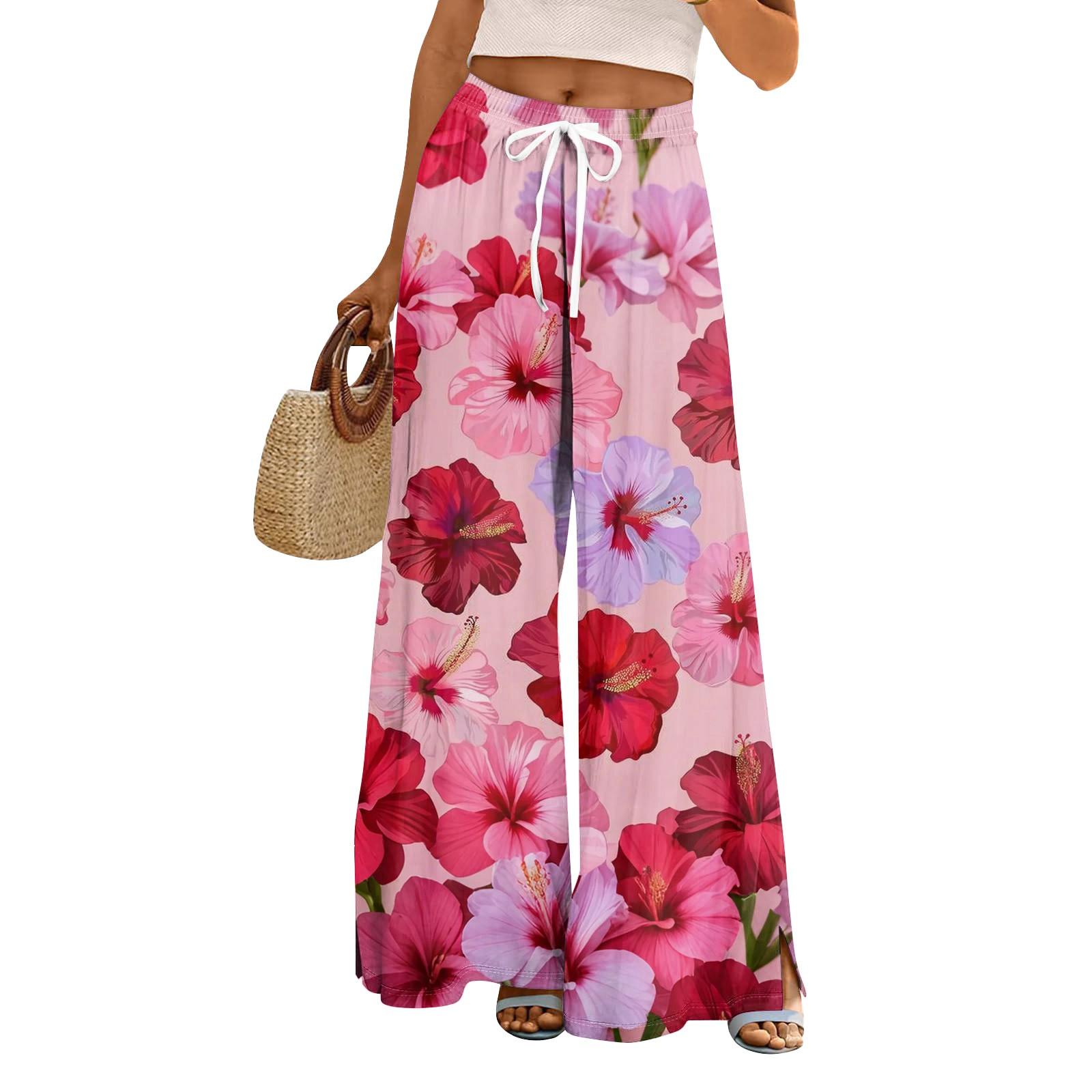 

Женские свободные повседневные брюки с цветочным принтом и широкими штанинами, с эластичной талией на кулиске и карманами XXL розовый