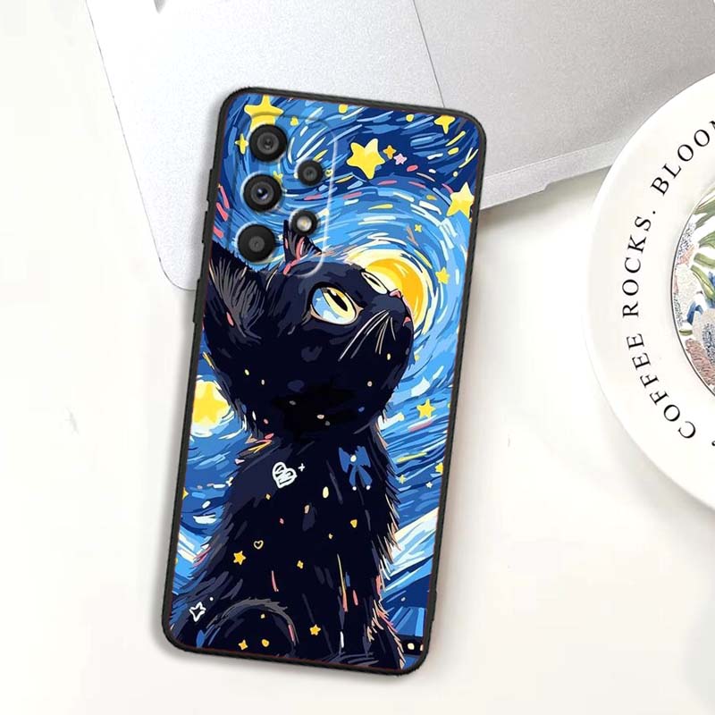 Cute cartoon cat illustration Phone Case For Samsung A73 A72 A71 A55 A54 A53 A52 A51 A13 A22 A16 A15 A12 A14 A26 A07 5G Black