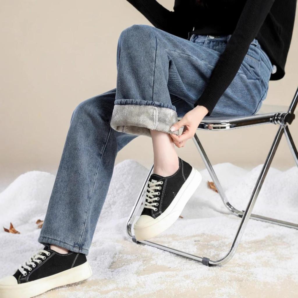 Women's Fleece-Lined High Waist Wide-Leg Jeans - Thick, Loose, Slimming, Straight-Leg Floor-Length Pants