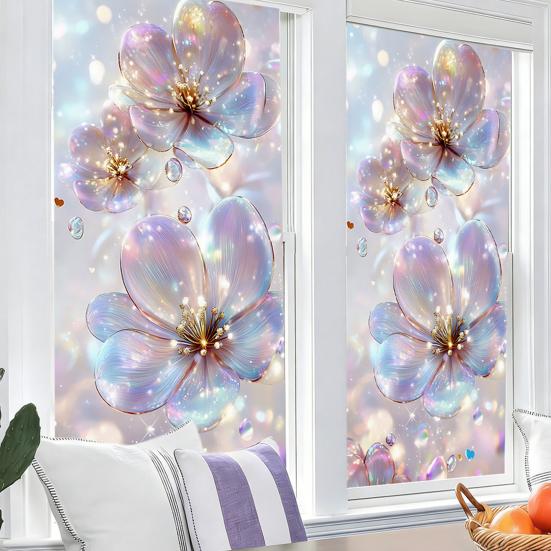 Flowers Window Privacy Film Stained Glass Tulip Butterfly Window Cling Static Glass Sticker for Home Kitchen Office Bathroom