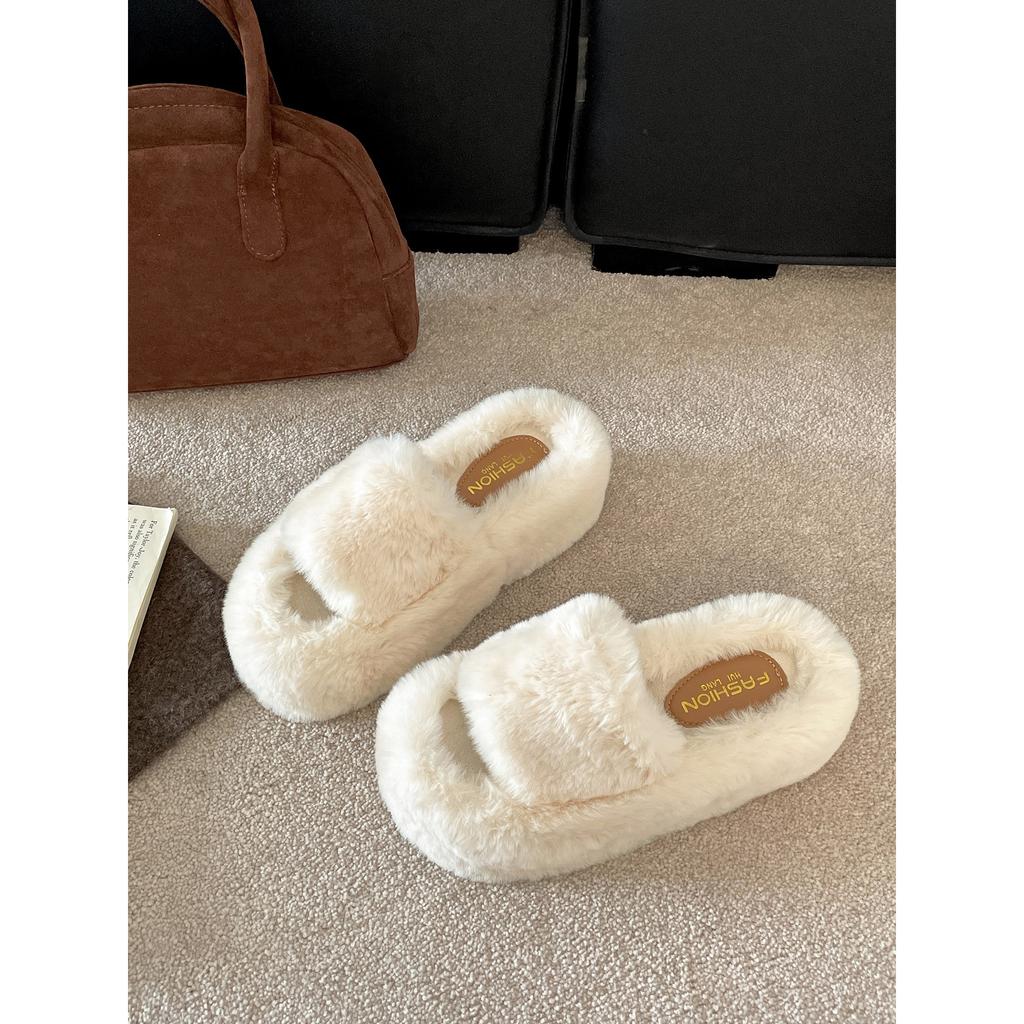 Queen Fan White French Thick-soled Fluffy Slippers Women's Outwear 2025 New Autumn and Winter Skirt Cotton Slippers