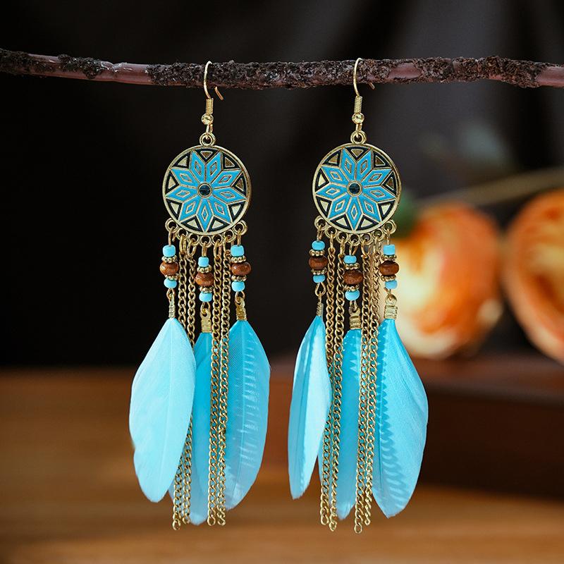Modische Böhmische Bunte Federohrringe für Damen Ethnischer Stil Lange Geometrische Ohrringe Damen Schmuck Accessoires Geschenk