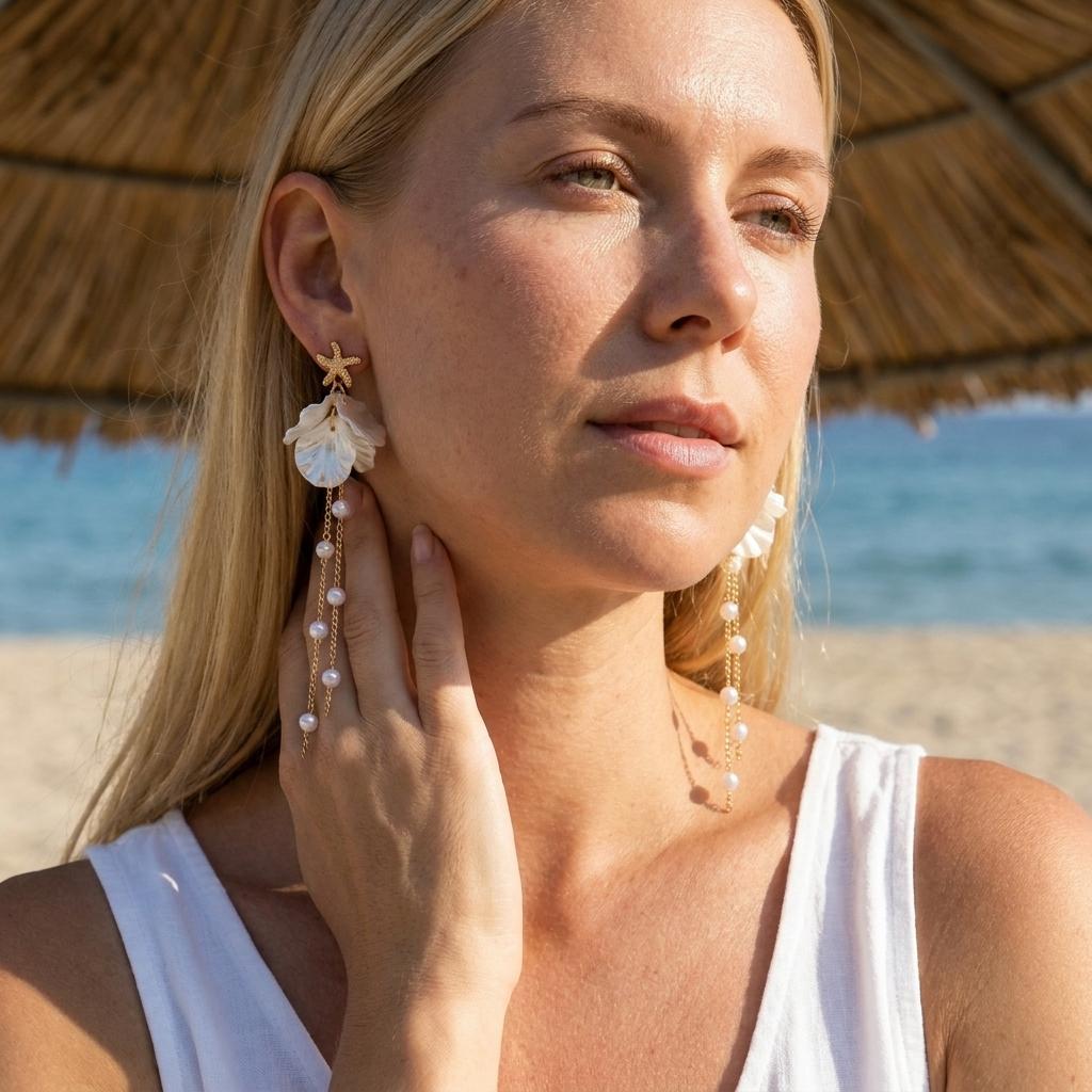 Elegant White Shell Petal Pendant Earrings For Women Summer Starfish Imitation Pearl Long Tassel Earring Beach Party Jewelry