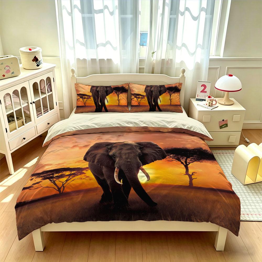 3-teiliges afrikanisches Elefanten-Sonnenuntergangs-Savannen-Print-Bettwäsche-Set mit Kissenbezügen, Schlafzimmerdekoration, Weiche Mikrofaser-Bettwäsche mit Wildtiermotiv