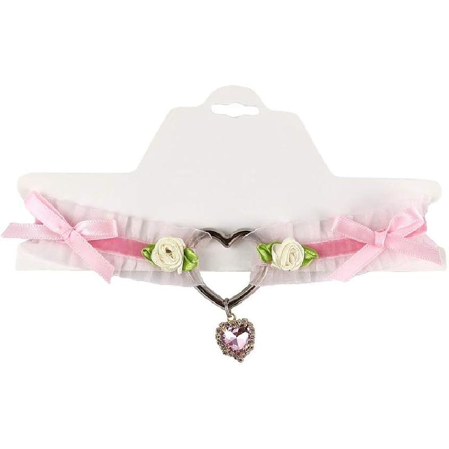 Pingyongchang Handmade Adjustable Lace Choker with Crytal Heart Flowers Pendant Sweet Cute Gothic Choker Necklaces Collar for Women Girls Detachable